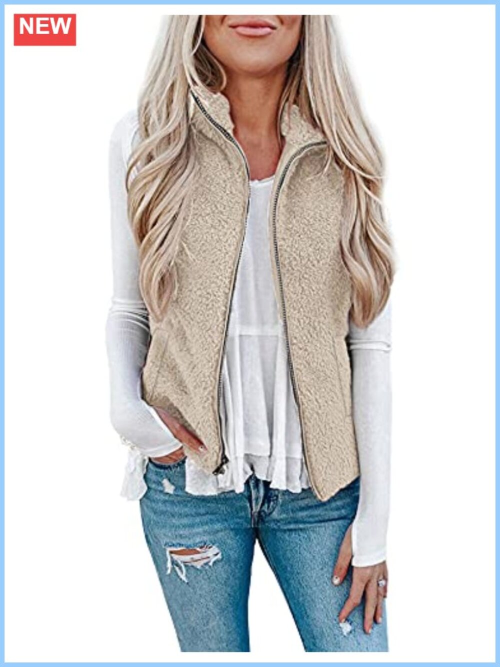 Fuzzy Sherpa Fleece Sleeveless Vest with Pockets, Zipper Front Cardigan,
